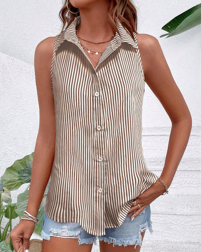Sleeveless Lapel Striped Tank Top