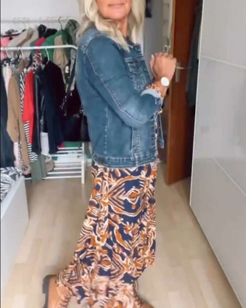 Casual lapel buttoned long sleeve denim coat