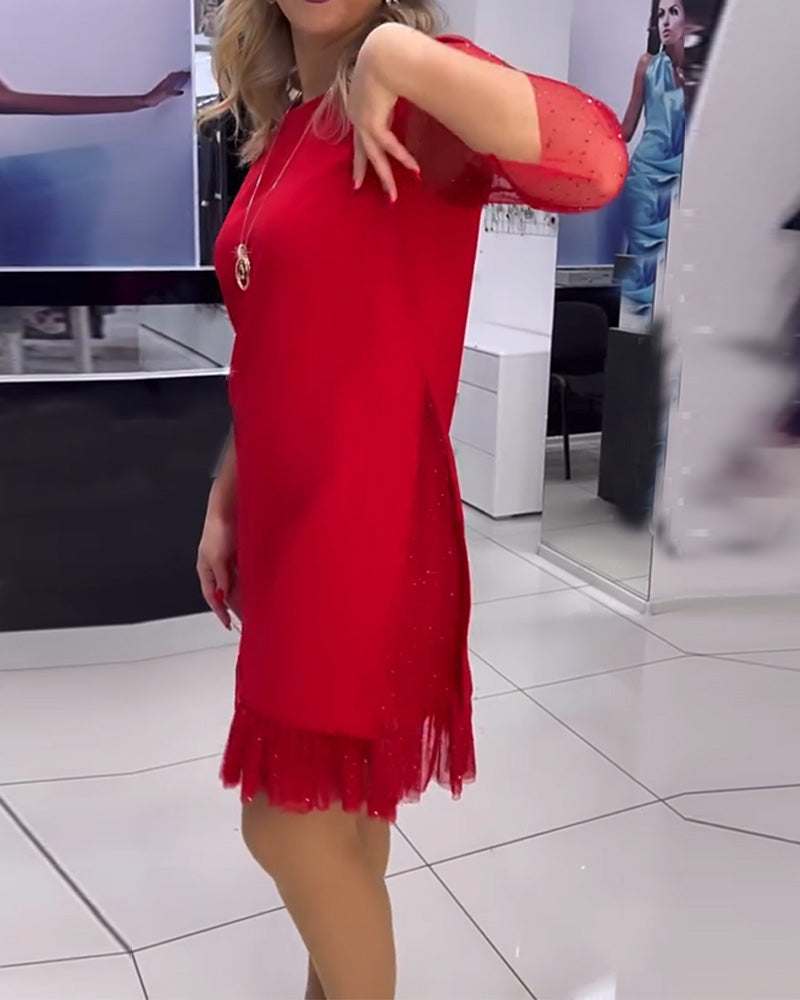 Solid color mesh stitching sequin dress