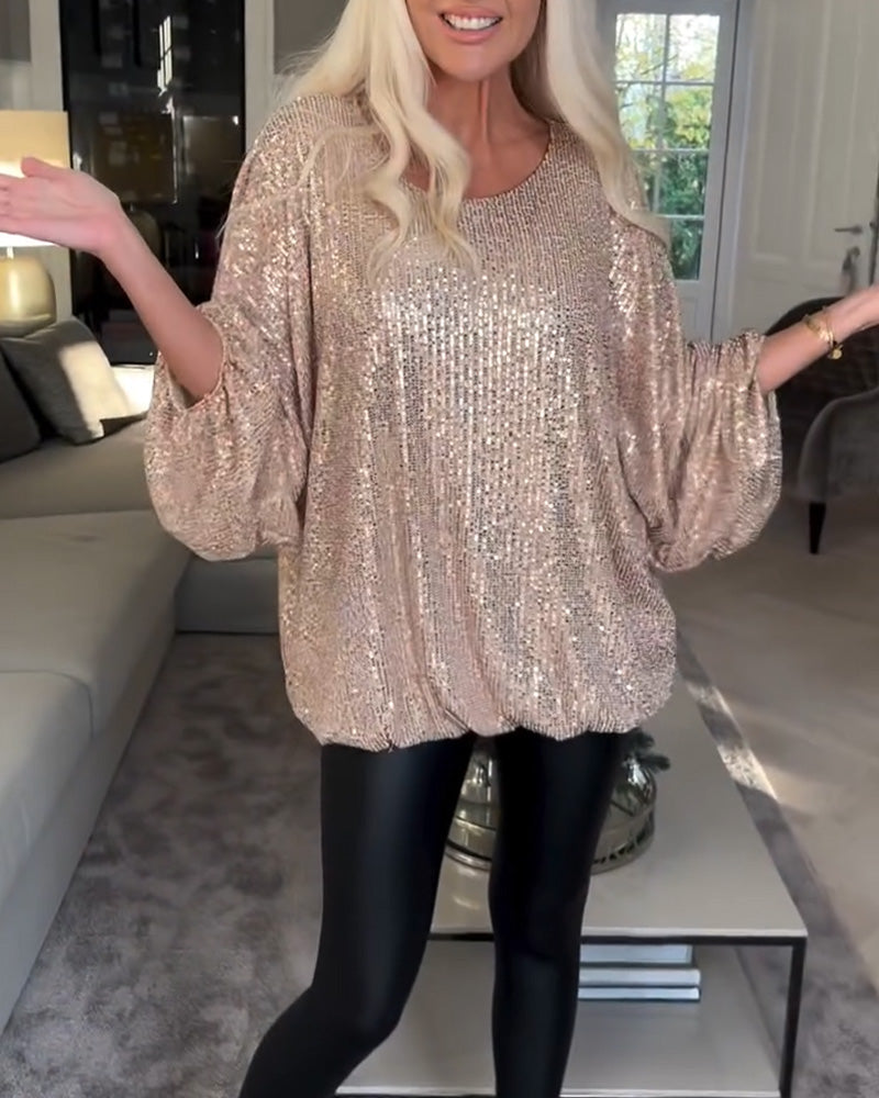 Balloon sleeve round neck sequin top