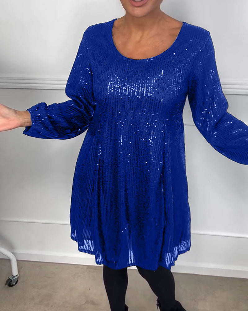 Elegant lantern sleeve sequined a-line dress