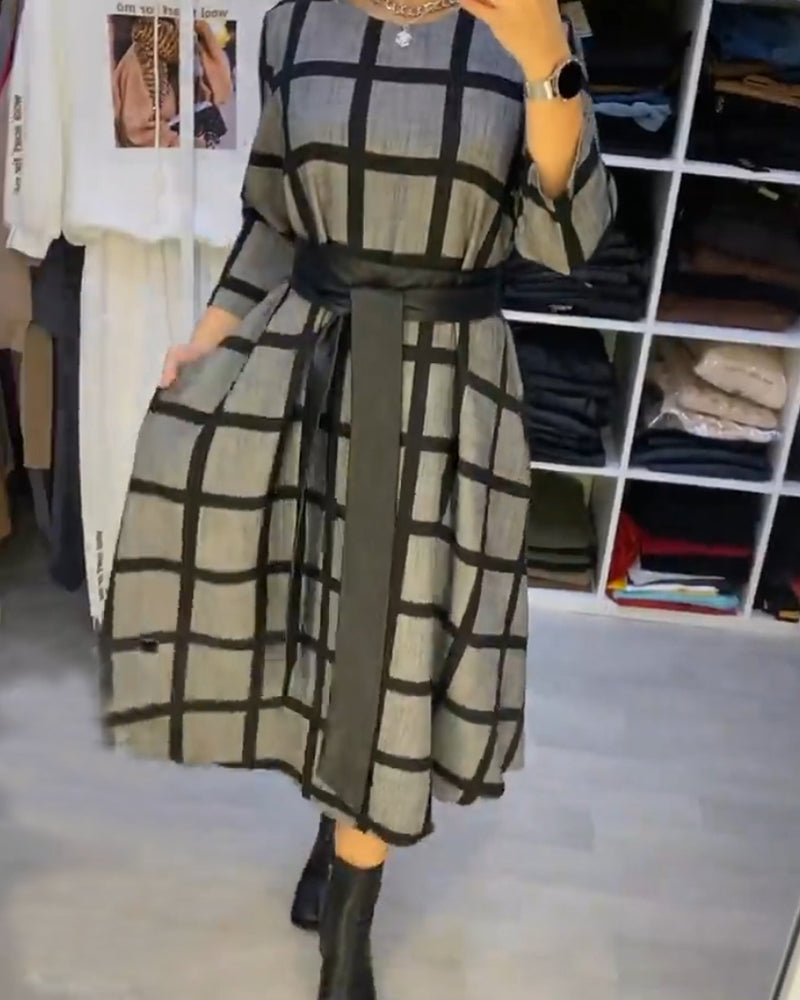 A-Line Plaid Dress with Round Neck