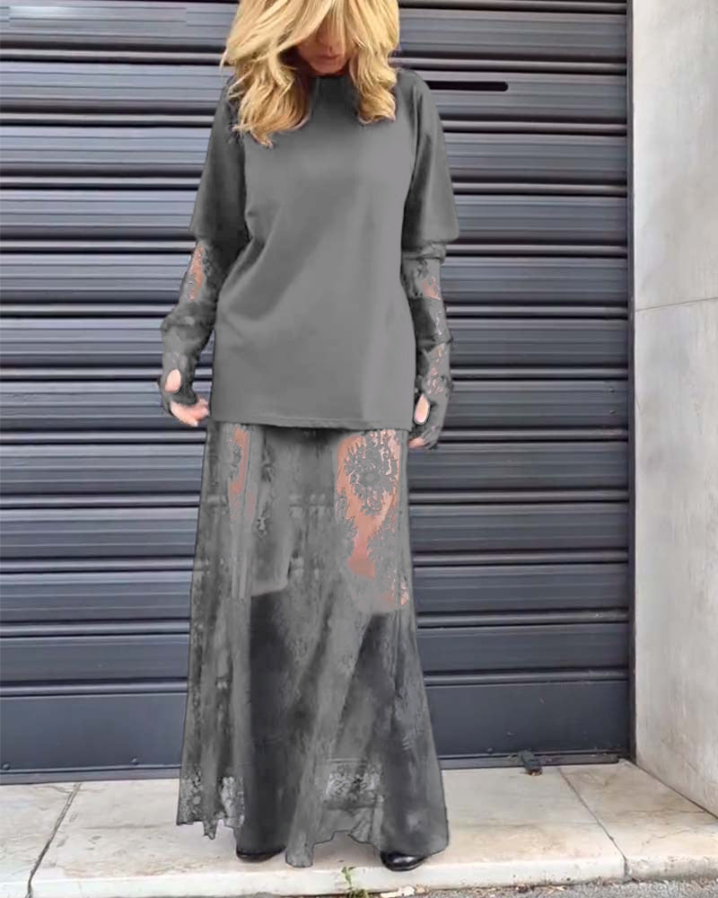 Two-piece set - solid color T-shirt and lace skirt