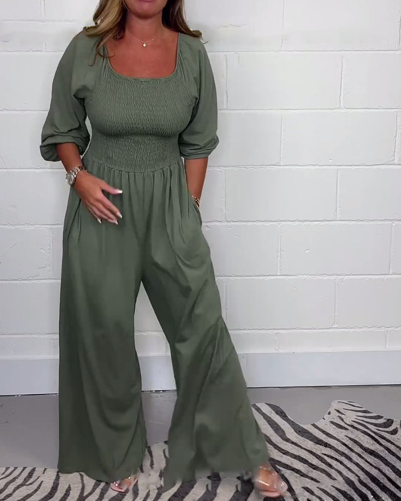 Square neck solid color pocket jumpsuit