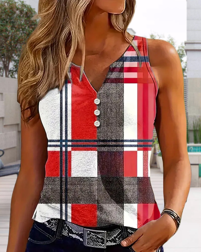 Sleeveless Printed Plaid Tank Top