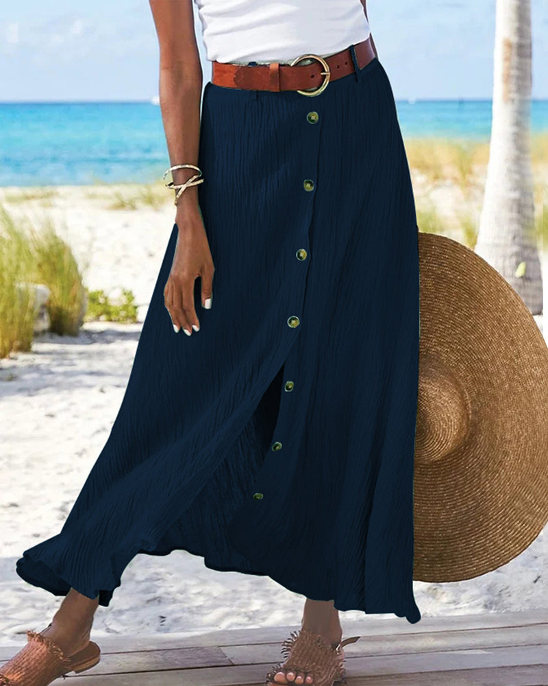 Button Slit Solid Color Long Skirt