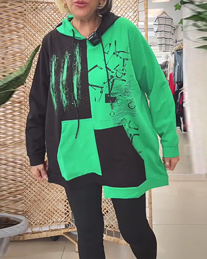 Casual Hooded Colorblock Printed Sweatshirt