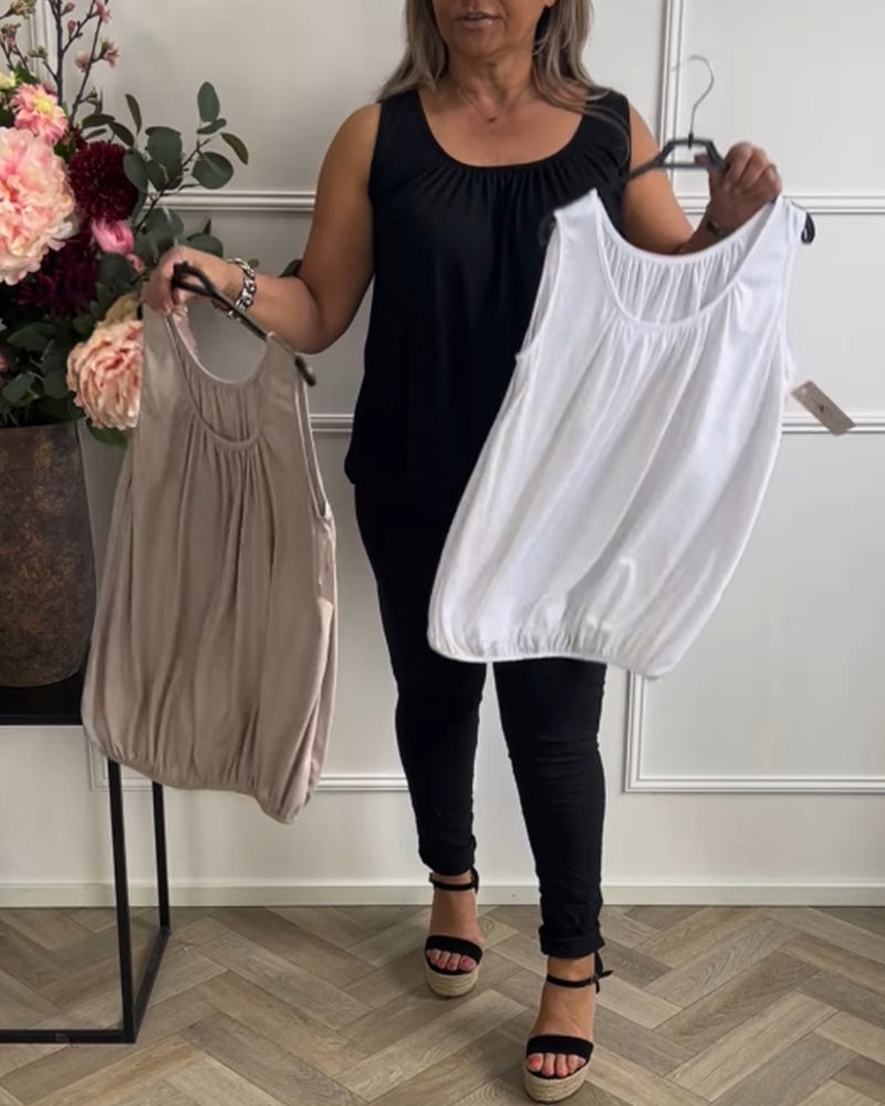 Sleeveless Solid Color Pleated Tank Top