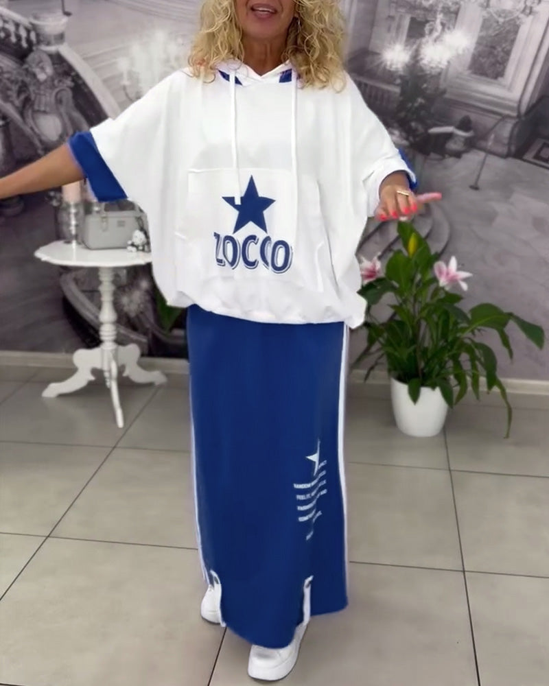 Hooded Drawstring Printed Skirt Set