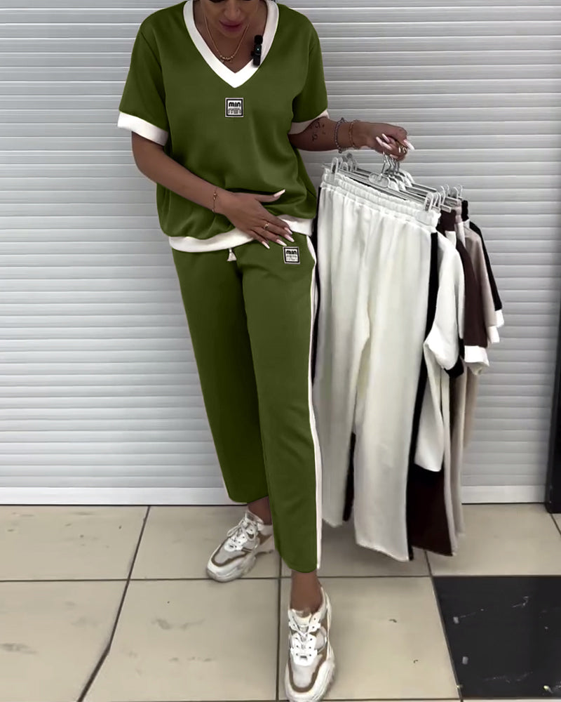 Casual V-Neck Contrast Color Sports Suit