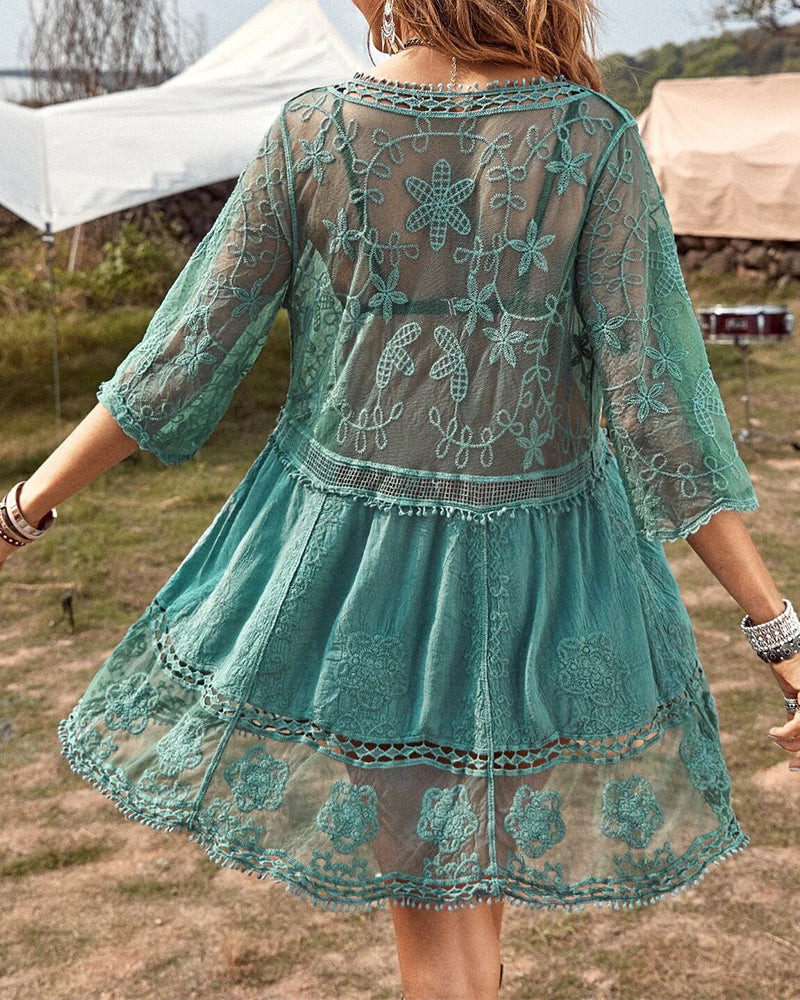 V-Neck Lace Embroidered Smock