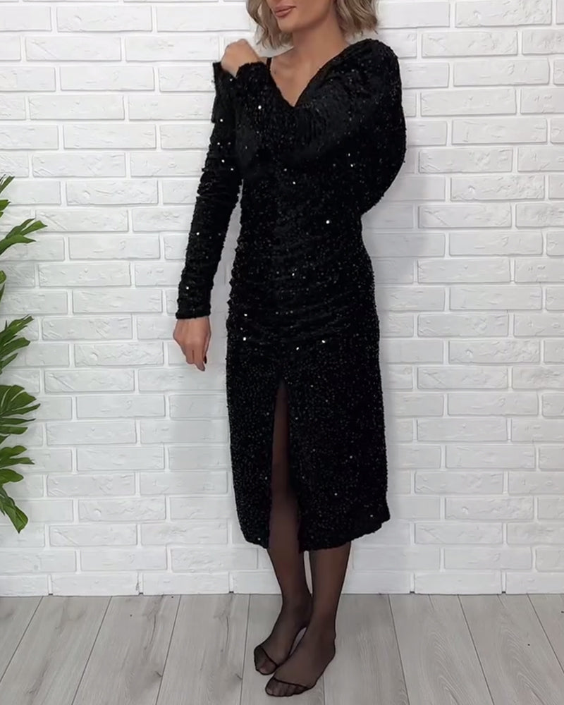 V-neck Sequined Slit Party Dress