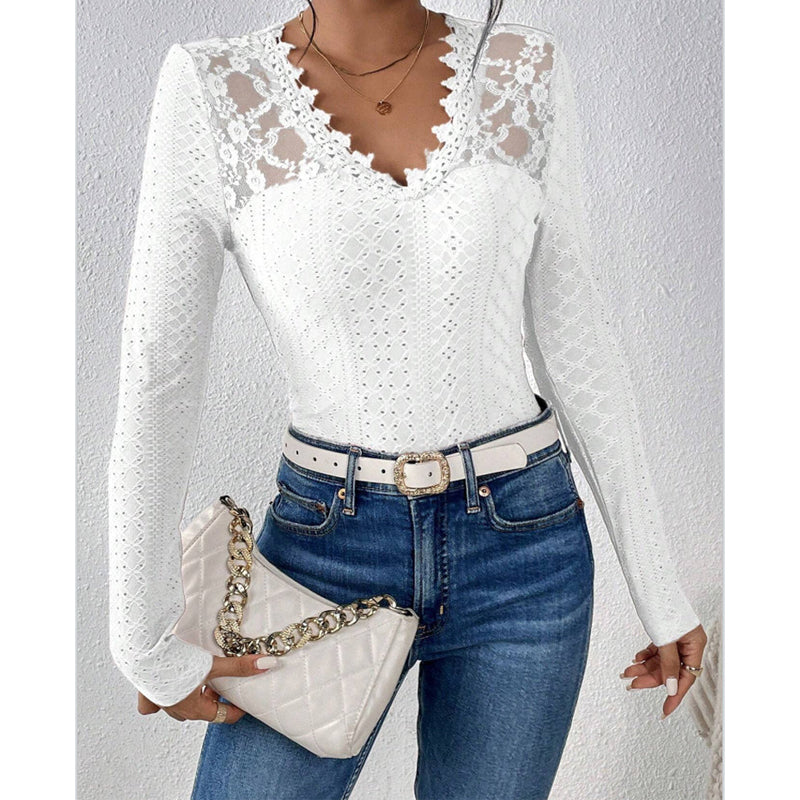 V-Neck Lace Panel Long-Sleeved Top