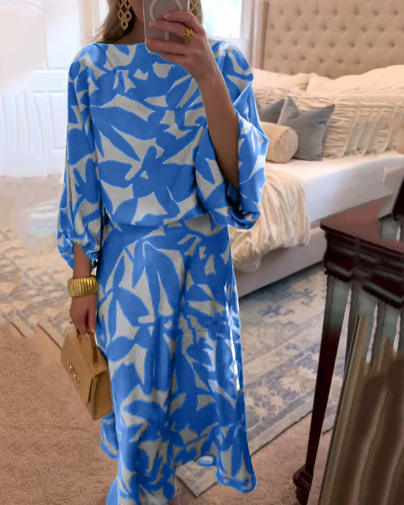 Temperament Printed Lantern Sleeves Casual Dress Set