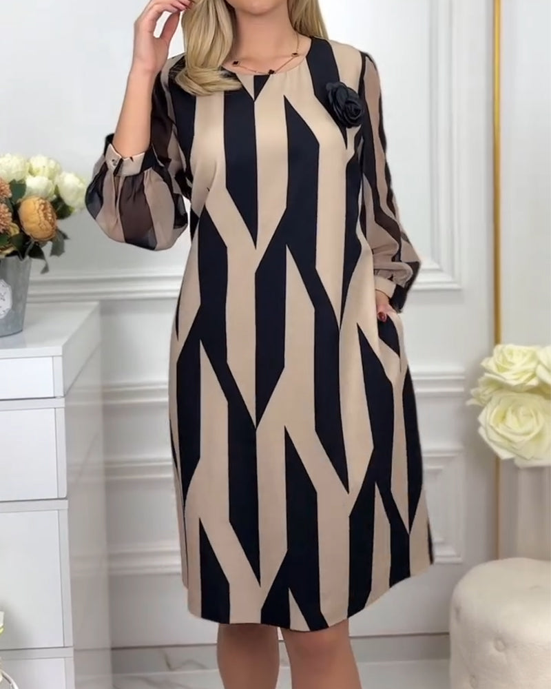 Round Neck Lantern Sleeve Printed Dress