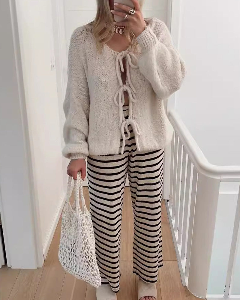 Lazy style solid color lace-up cardigan