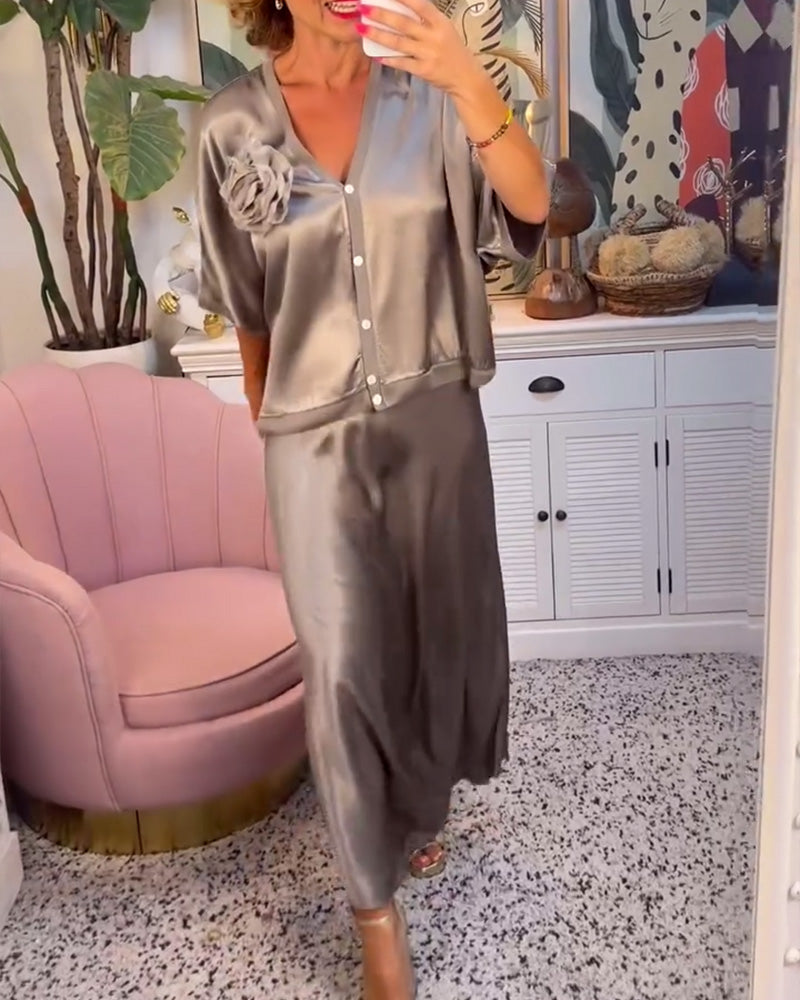 Casual solid color button V-neck skirt set