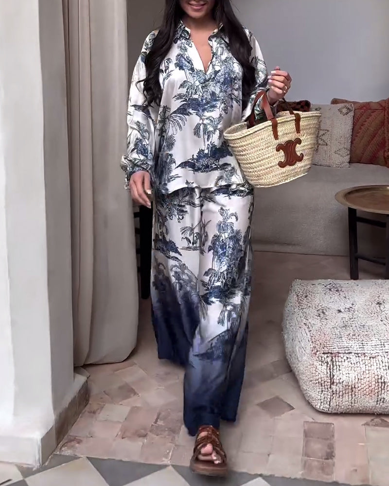 Plant gradient print lantern sleeve two-piece suit
