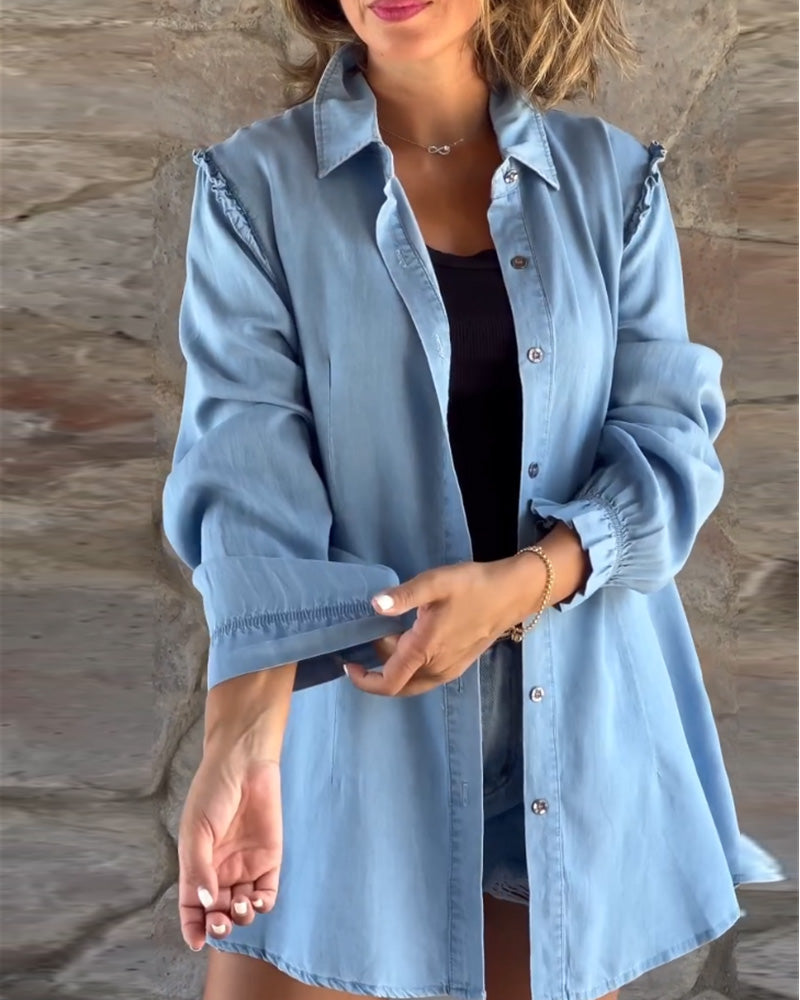 Solid Color Denim Long Sleeve Top