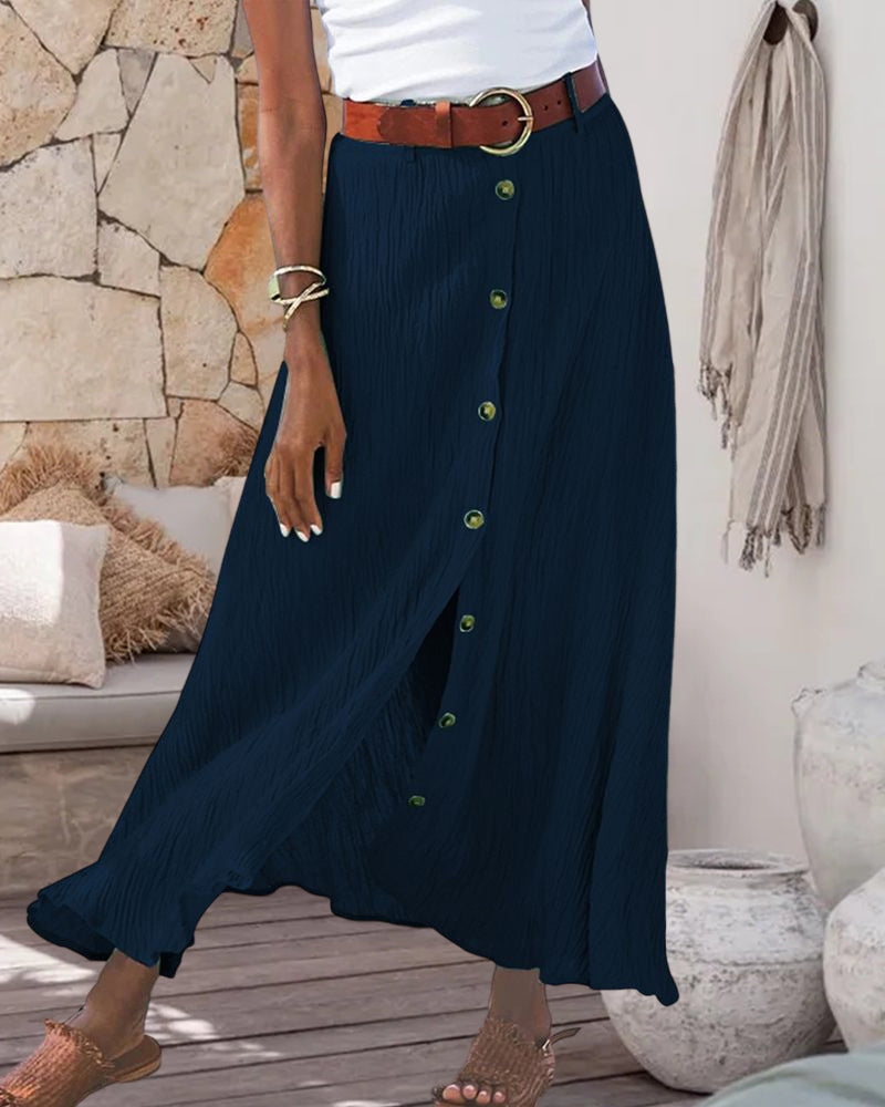 Button Slit Solid Color Long Skirt