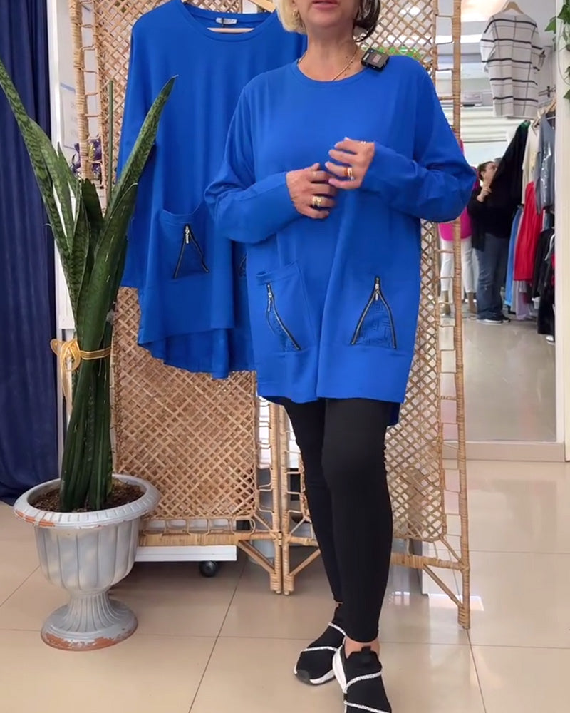 Round Neck Solid Color Zipper Pocket Sweatshirt