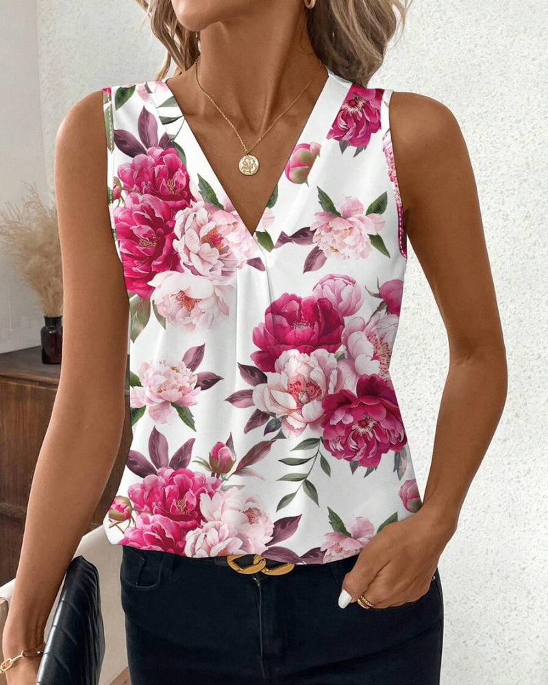 Rose Printed V-Neck Sleeveless Blouse