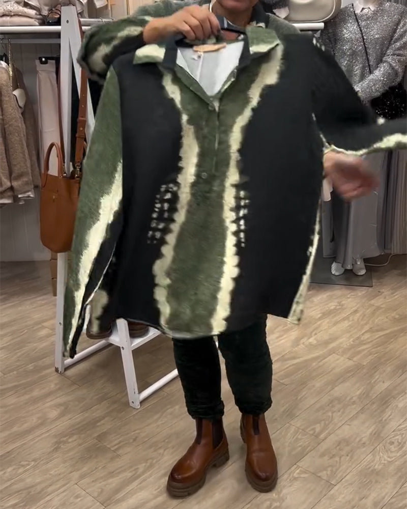 Lapel Retro Color Block Long Sleeve Shirt