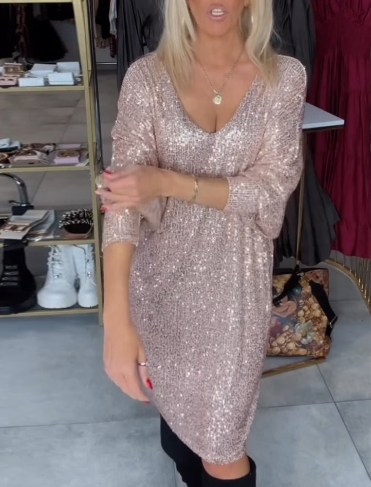 Batwing Sleeve Deep V Sequin Dress