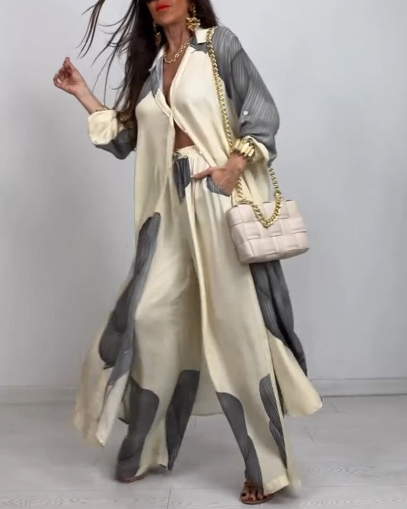 Lapel Button Colorblock Striped Straight Pants Suit