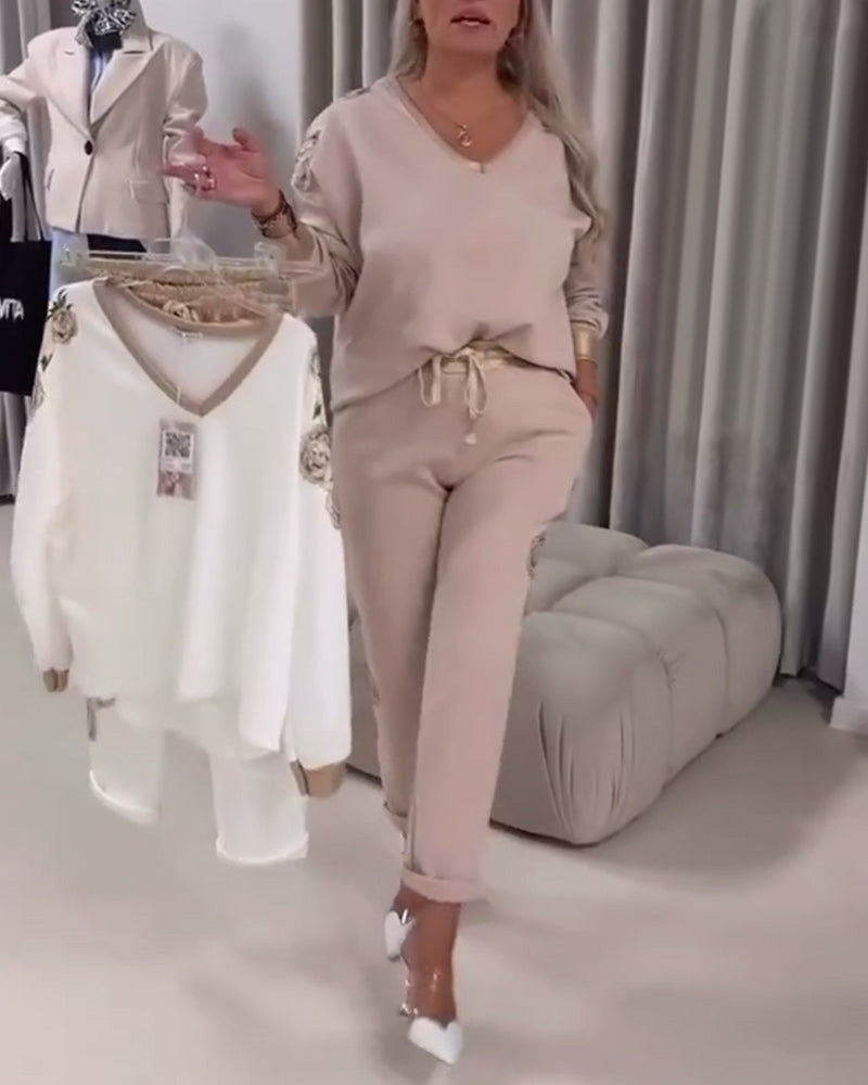 Long Sleeve V-Neck Casual Sweater Suit