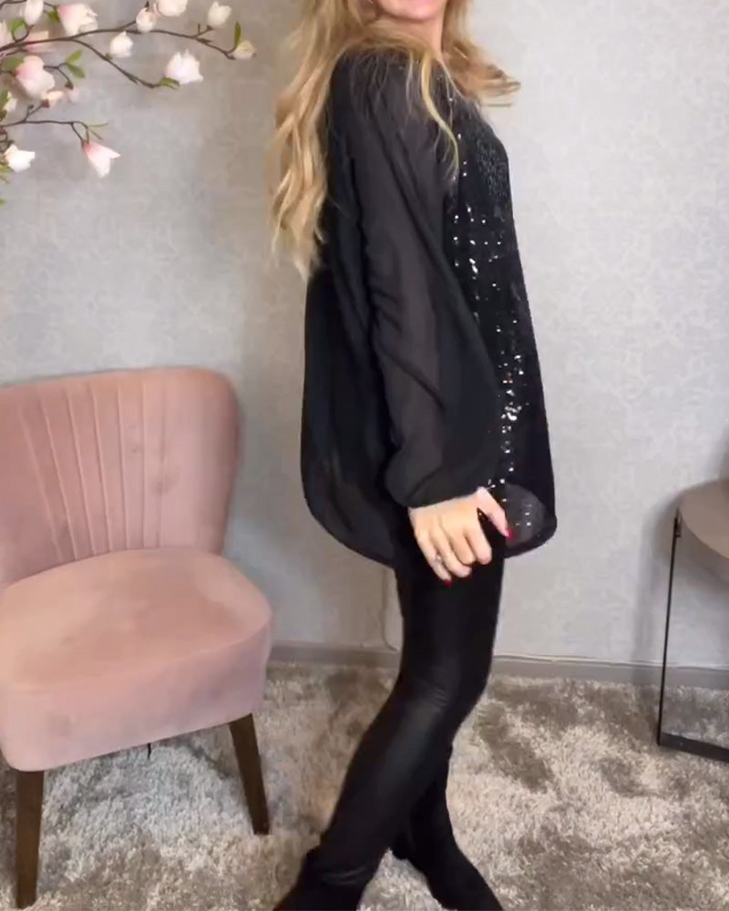 Round Neck Long Sleeve Sequin Shirt