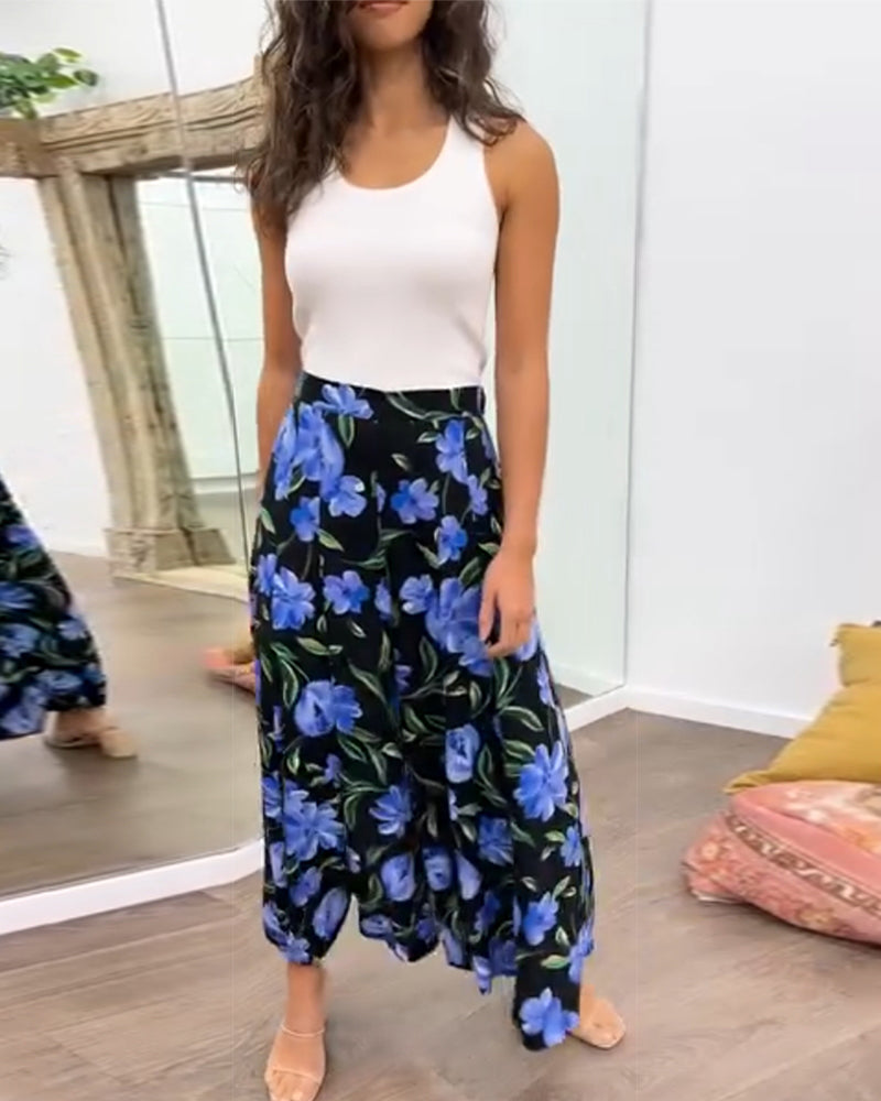 Floral print high waisted wide leg pants