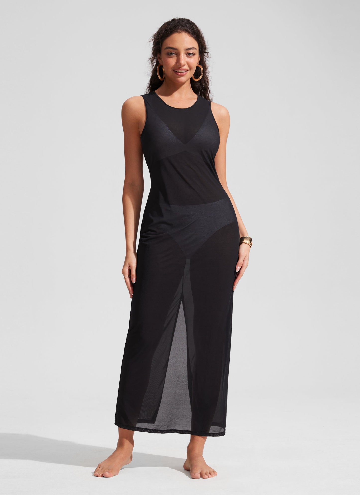 Mesh Midi Sleeveless Swimsuit Coverup with Back Slit