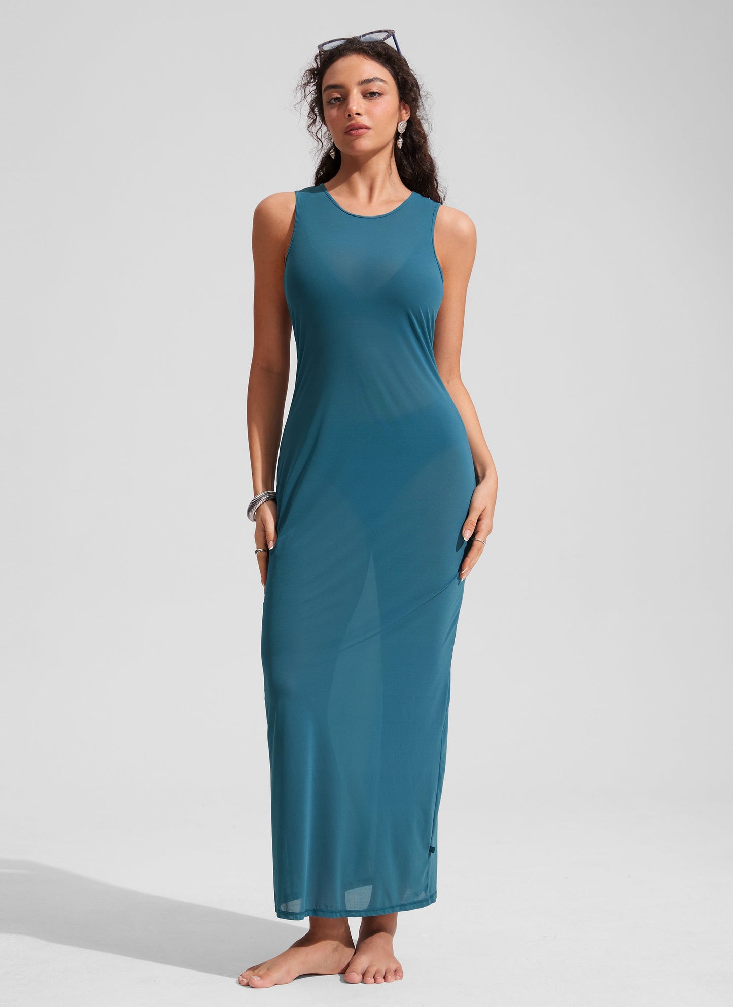 Mesh Midi Sleeveless Swimsuit Coverup with Back Slit