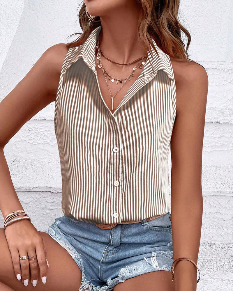 Sleeveless Lapel Striped Tank Top