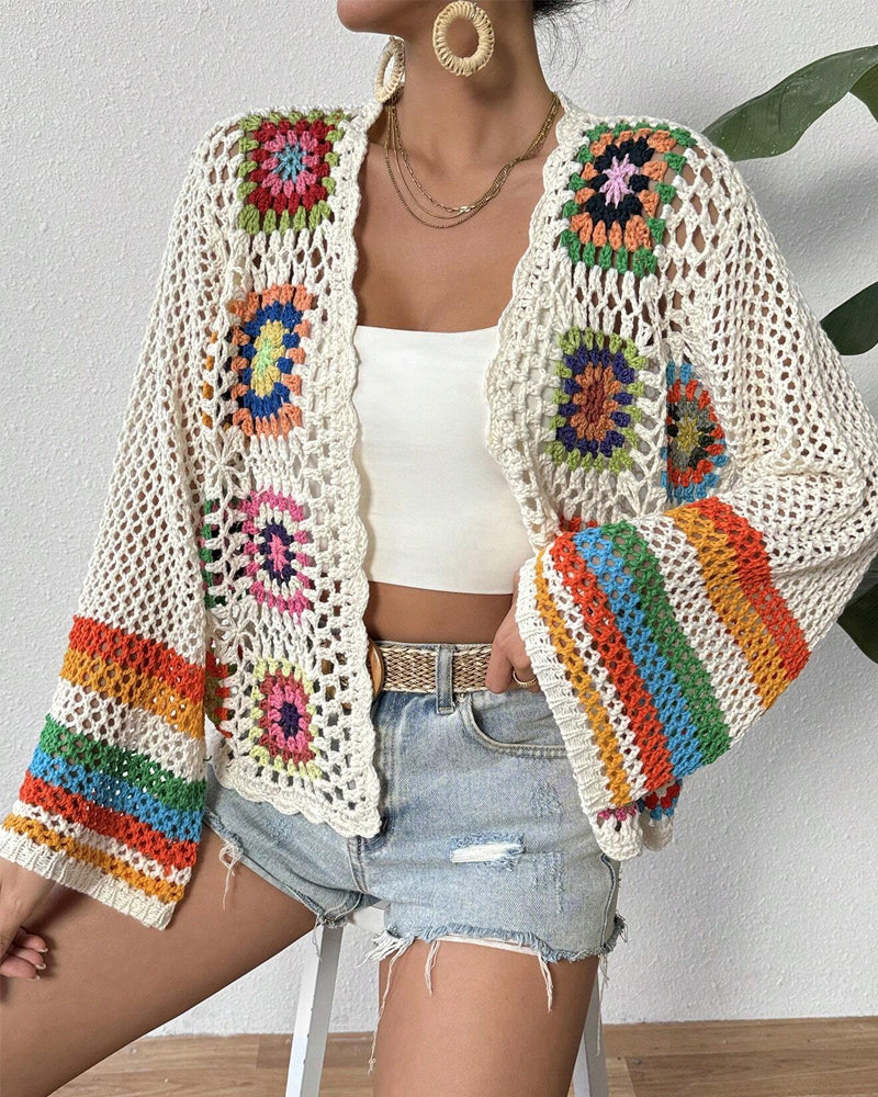 Casual colorful hollow long-sleeve cardigan
