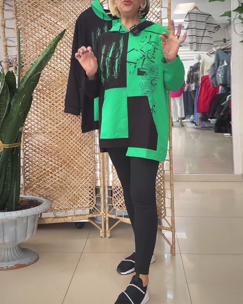 Casual Hooded Colorblock Printed Sweatshirt