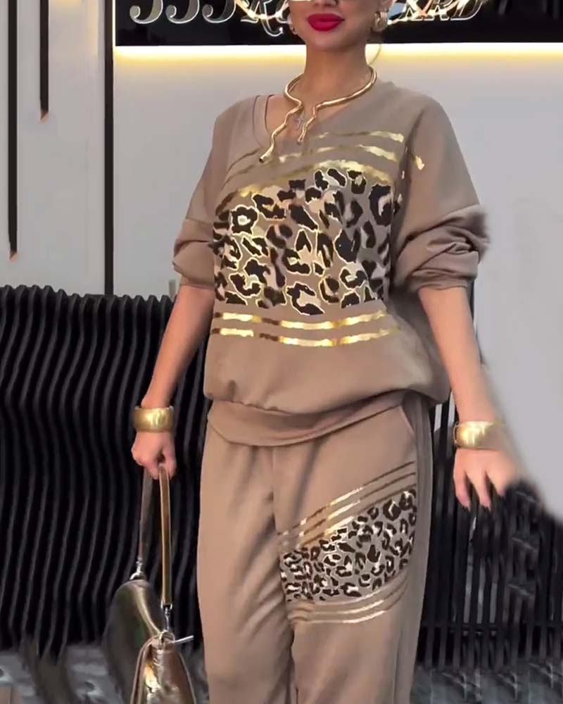 Leopard Print Casual Sweatshirt Set