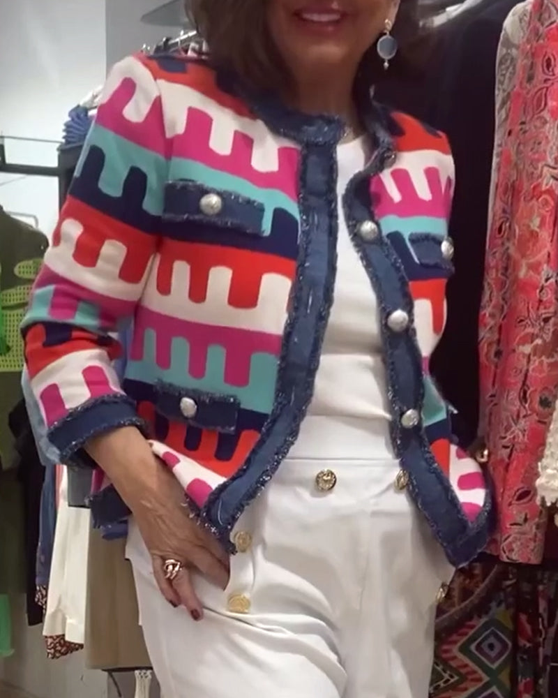 Raw edge button colorful print jacket