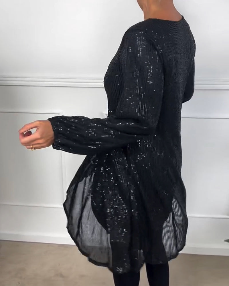 Elegant lantern sleeve sequined a-line dress