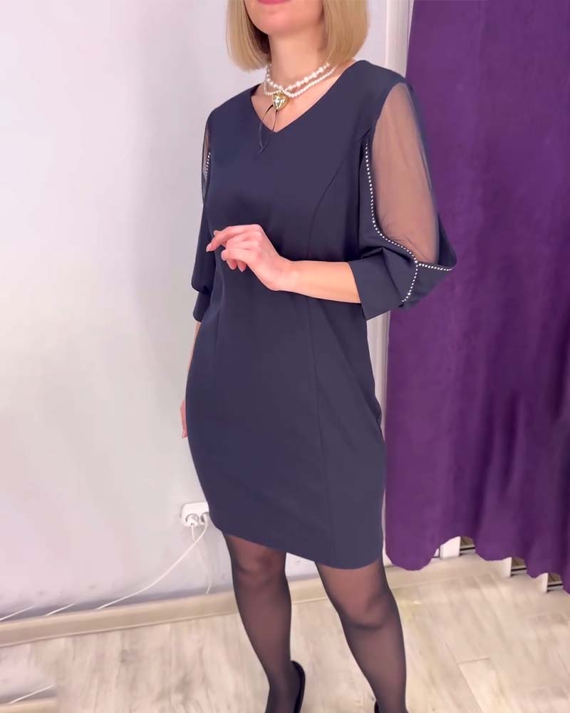 Half-sleeved V-neck Rhinestone Stitching Dress