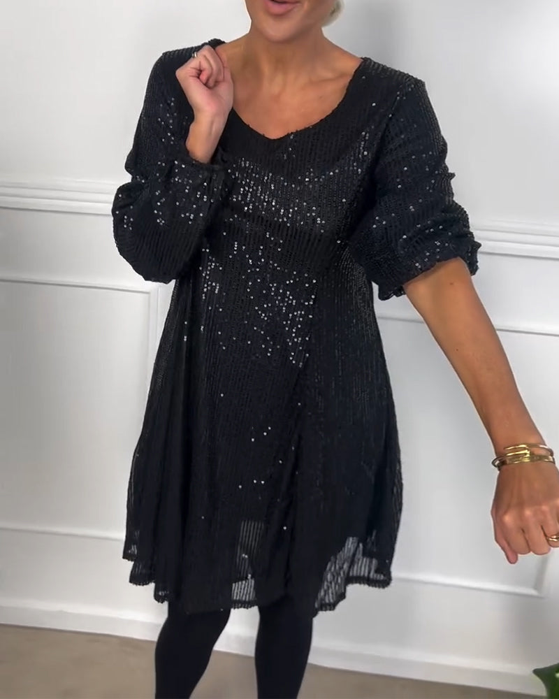 Elegant lantern sleeve sequined a-line dress