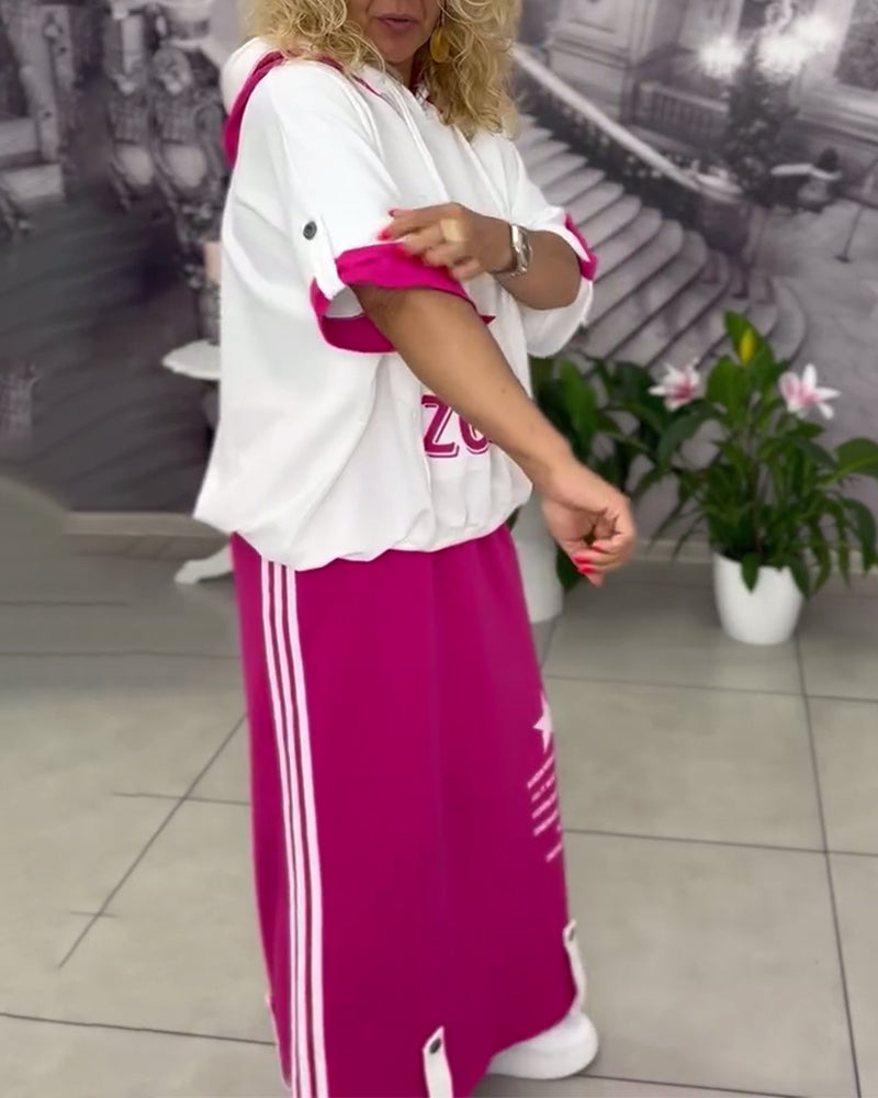 Hooded Drawstring Printed Skirt Set