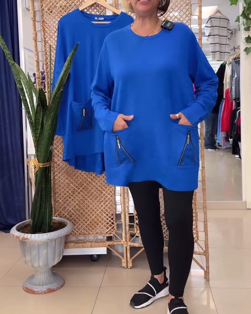 Round Neck Solid Color Zipper Pocket Sweatshirt