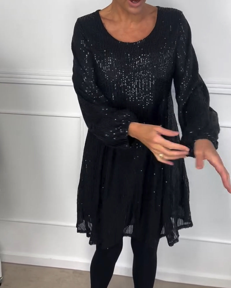 Elegant lantern sleeve sequined a-line dress