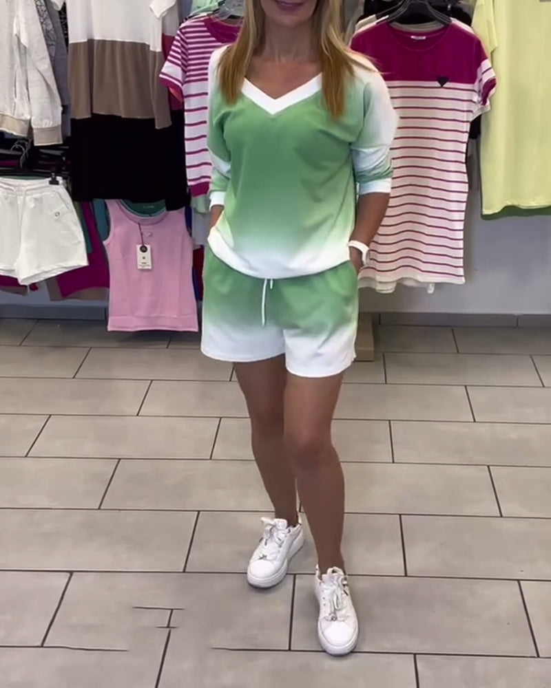 Long-Sleeved V-Neck Gradient Sports Set