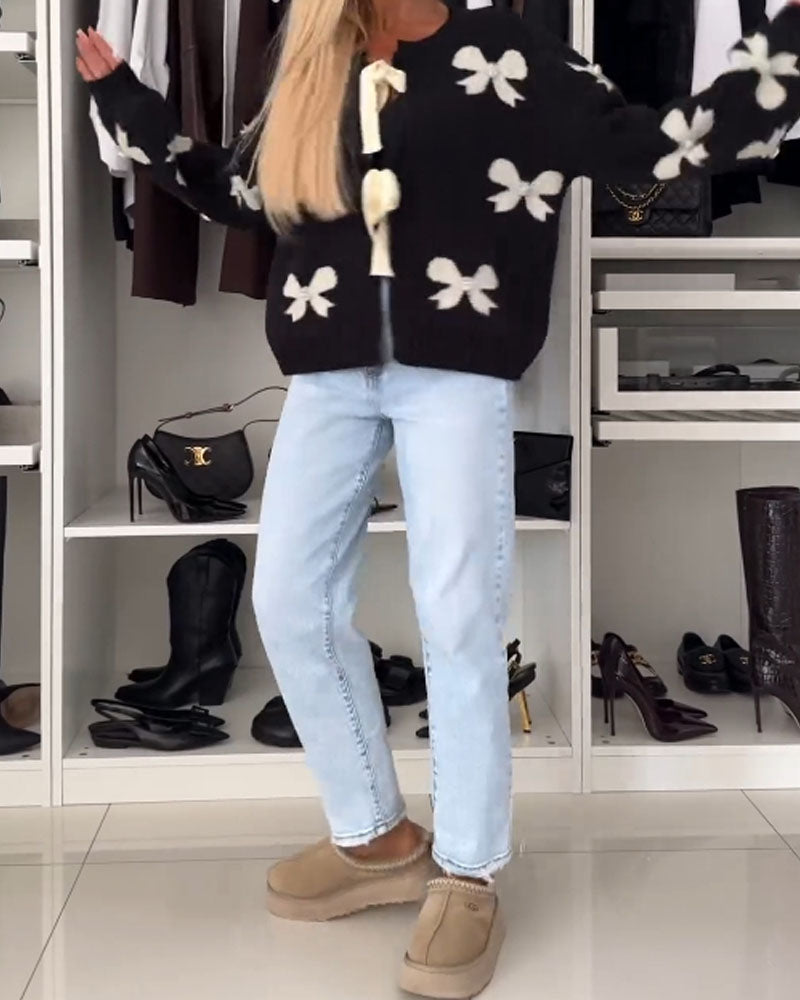 Bow beaded lace-up cardigan