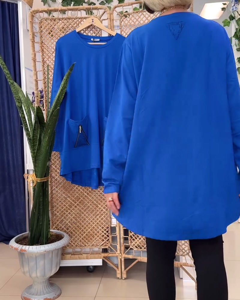 Round Neck Solid Color Zipper Pocket Sweatshirt