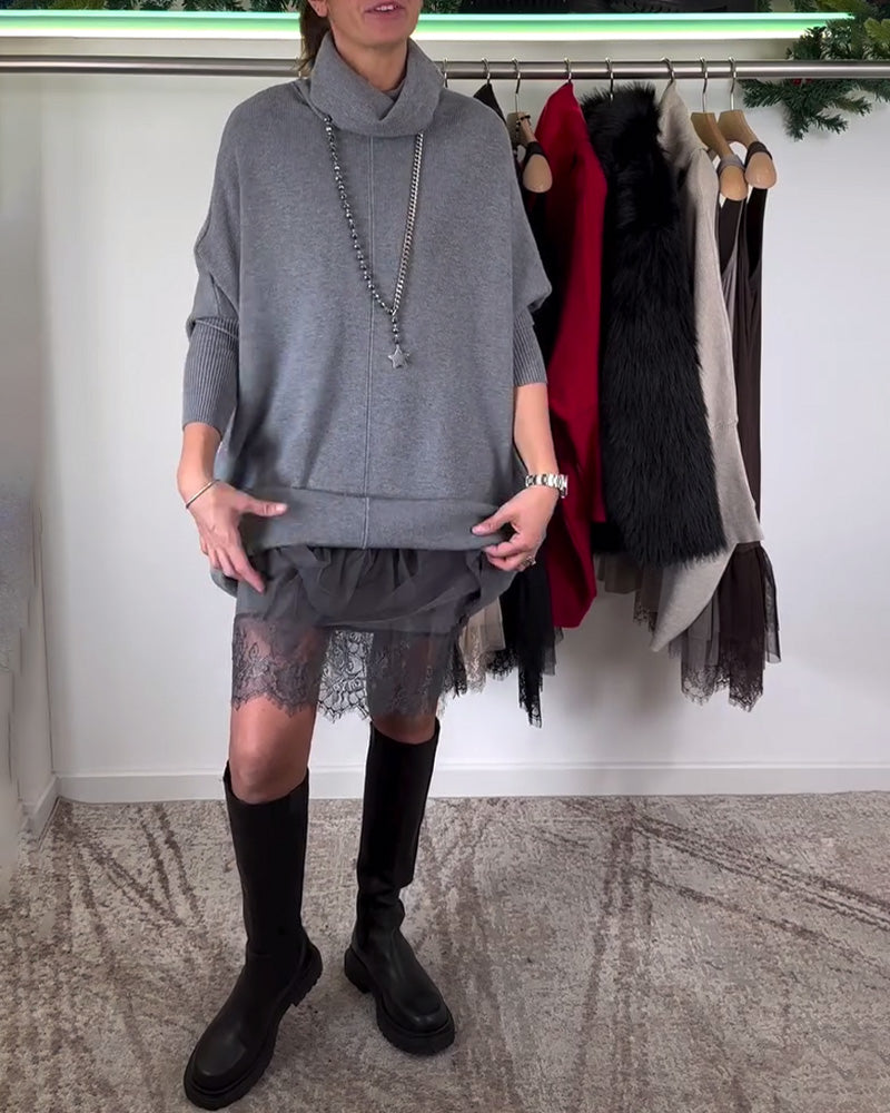 High Collar Bat Sleeve Suspenders Lace Mesh Dress Suit