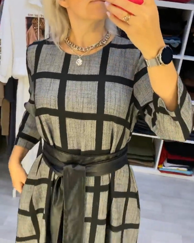 A-Line Plaid Dress with Round Neck